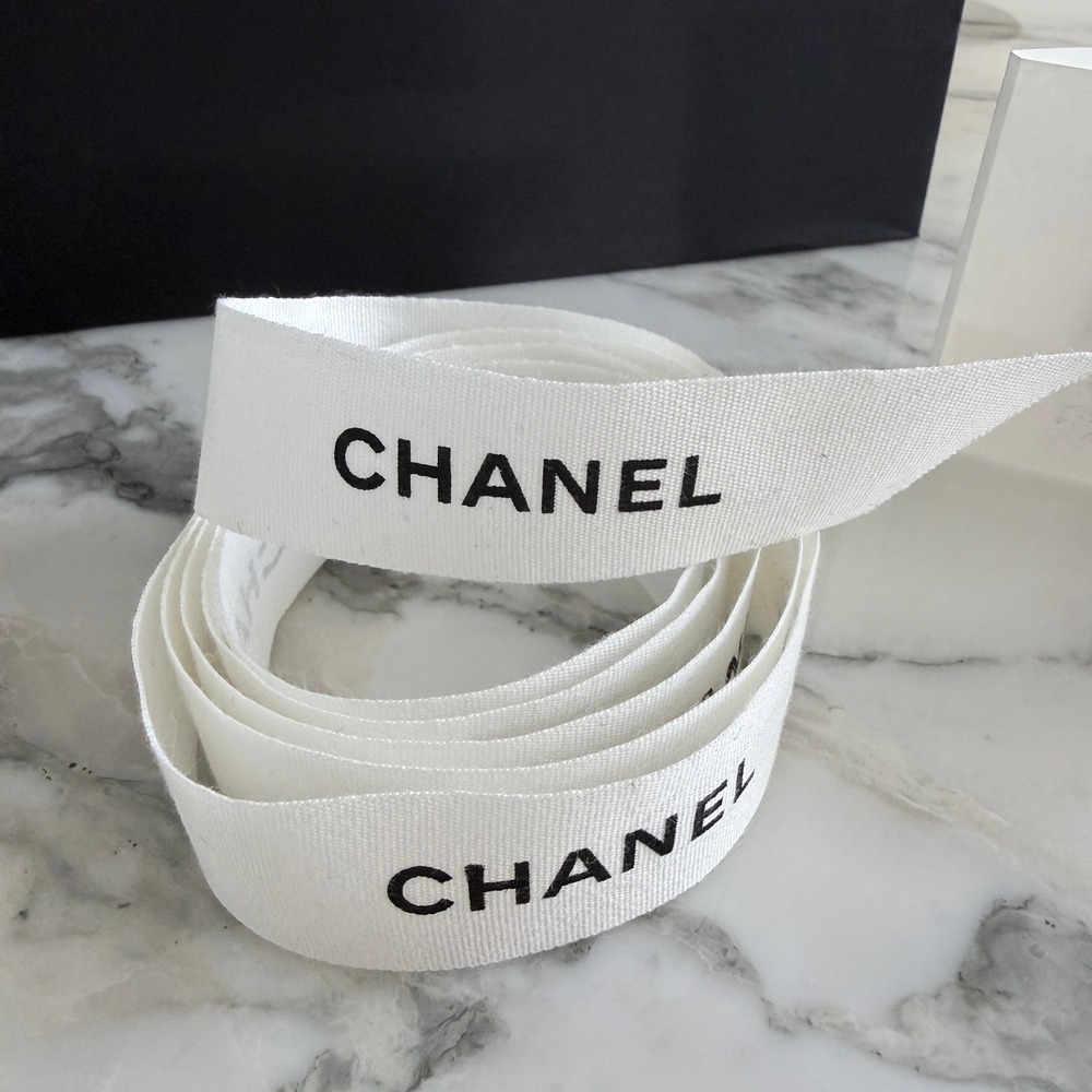 Chanel White Cotton Ribbon Black Logo Authentic Designer Gift Wrap Crafting‎ 70"